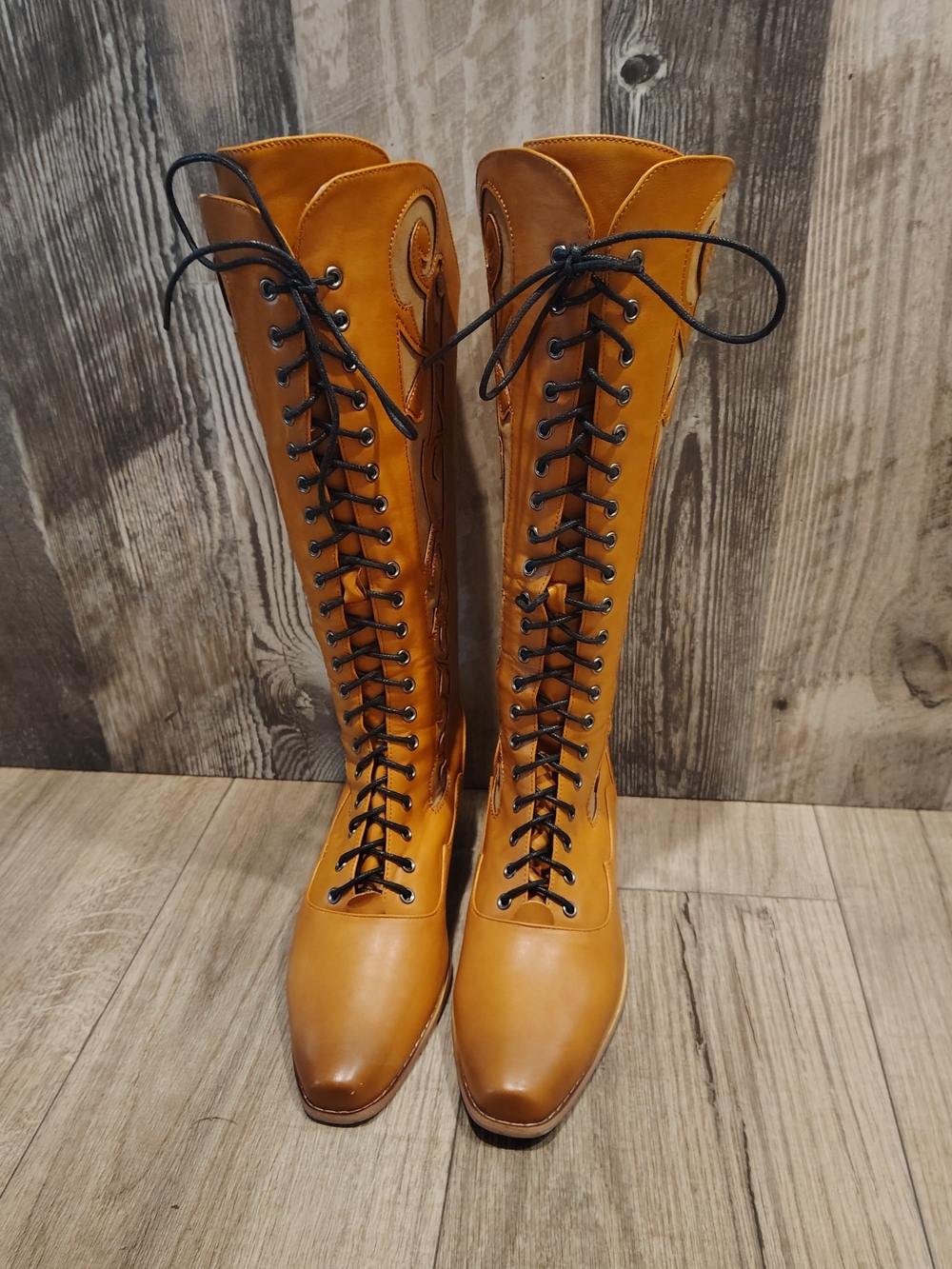 Lace-Up Tall Boots in Tan Leather